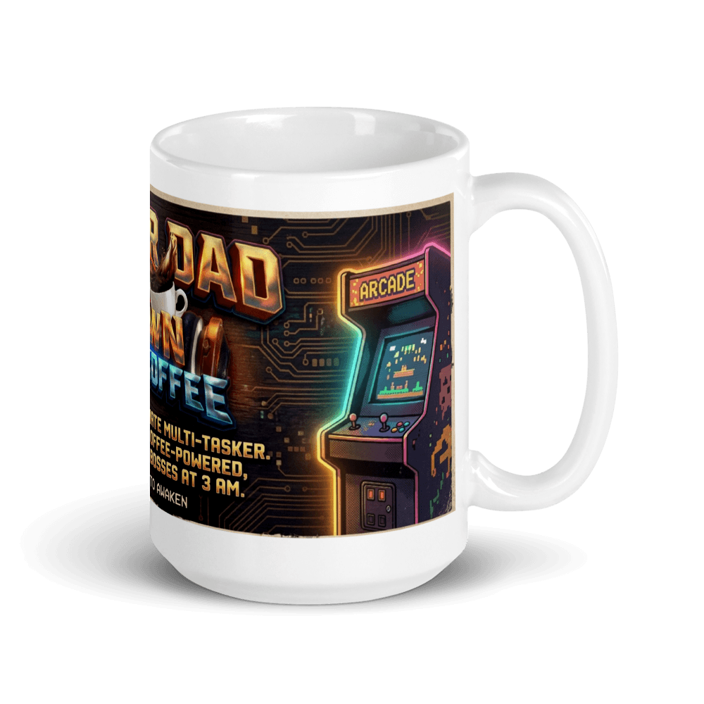 Gamer Dad Coffee Mug featuring a retro arcade design and humorous text about multitasking with coffee.