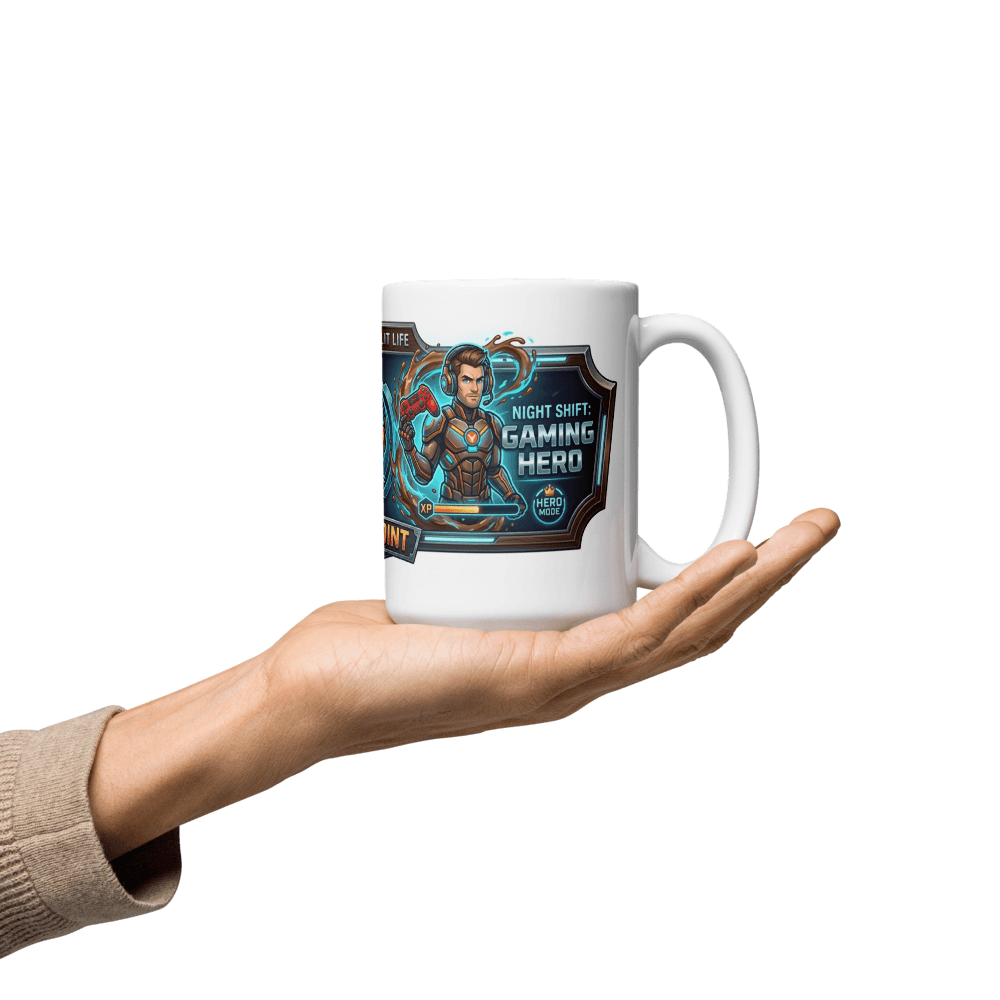 Gamer Dad Coffee Mug held in hand, featuring vibrant graphic and stylish design for gaming enthusiasts.