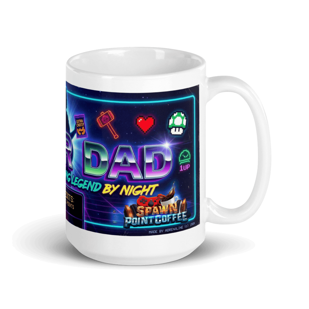 Gamer Dad Coffee Mug featuring colorful gaming graphics and quotes, perfect for coffee lovers and gaming enthusiasts.