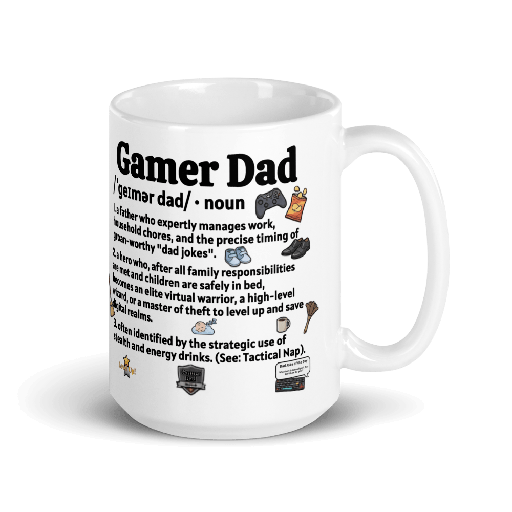 Gamer Dad Coffee Mug featuring gaming icons and humorous definitions of a gamer dad's duties.