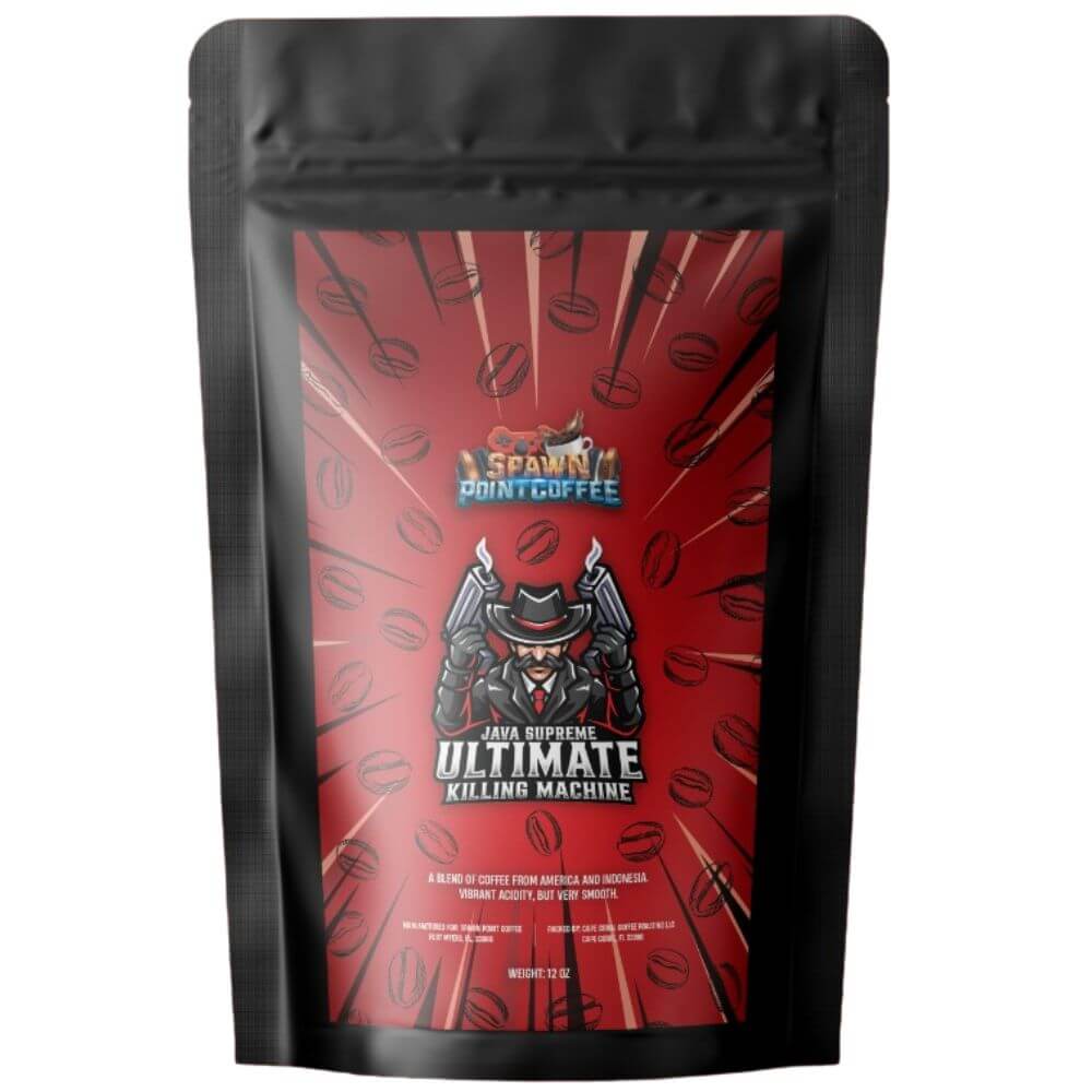 Java Supreme Ultimate Killing Machine Decaf Medium Roast Coffee, whole bean packaging with gaming-themed design.
