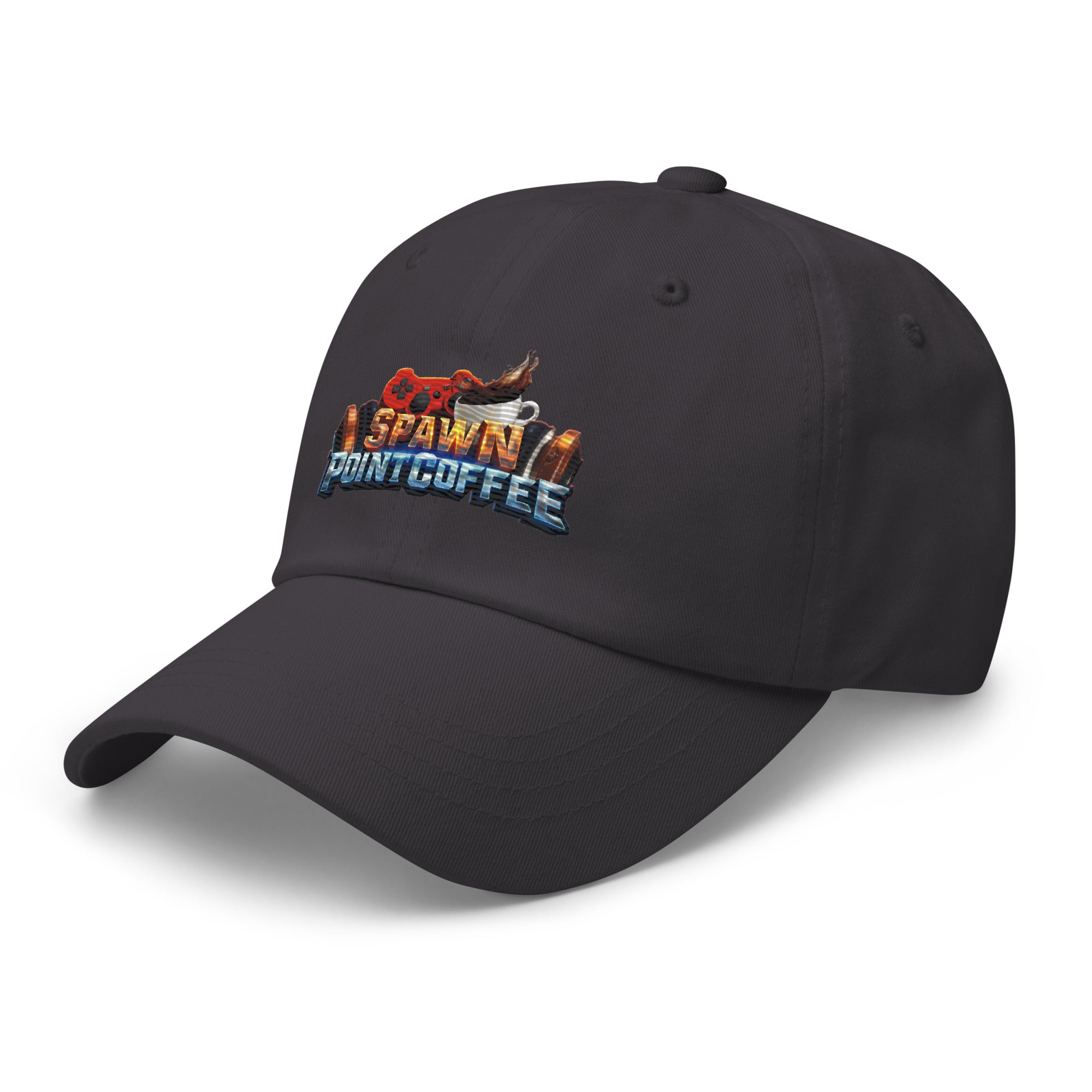 Black low-profile hat with embroidered 'Spawn Point Coffee' logo, curved visor, and adjustable strap.
