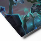 "Close-up of Gamer's Don't Die 12x12 metal print featuring colorful gaming-themed artwork with controller and ghostly hands."