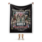 "Everything Will Kill You Sherpa Blanket with Gamer Design Featuring Skeletons and Bold Typography"