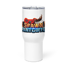 Stylish white travel mug with handle, featuring a colorful graphic and spill-proof lid, perfect for keeping beverages safe and hot.