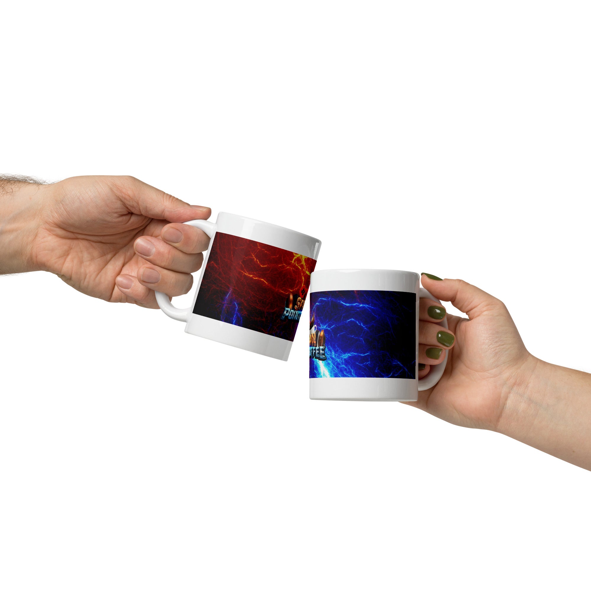 Two hands clinking SPC Lightning Mugs featuring vibrant red and blue designs against a white background.