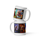 Stacked ceramic mugs with vivid, colorful prints of fantasy characters, microwave and dishwasher safe.