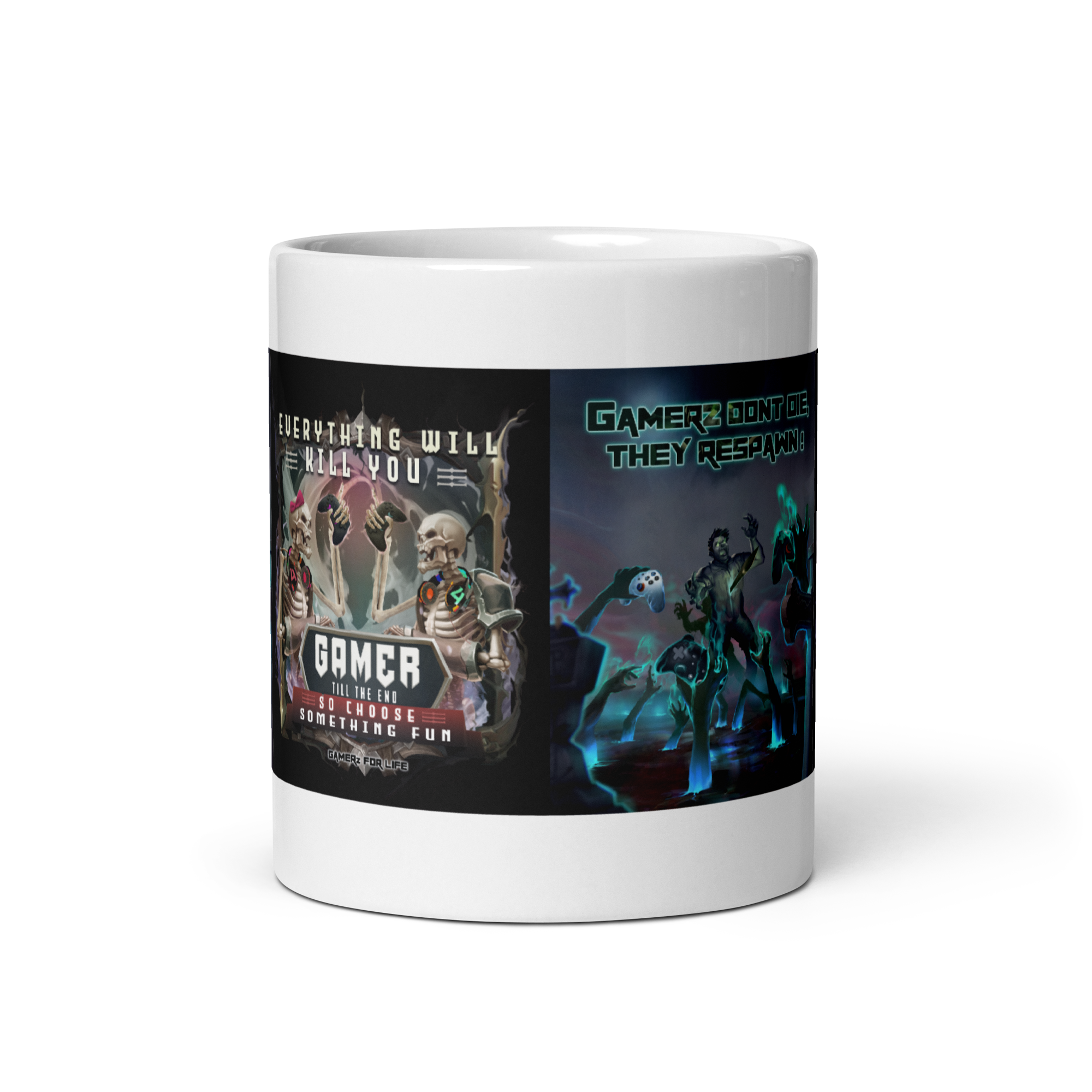 Ceramic mug featuring "Gamer Till the End" design with skulls and gaming theme, sturdy for coffee, tea, microwave, and dishwasher safe.