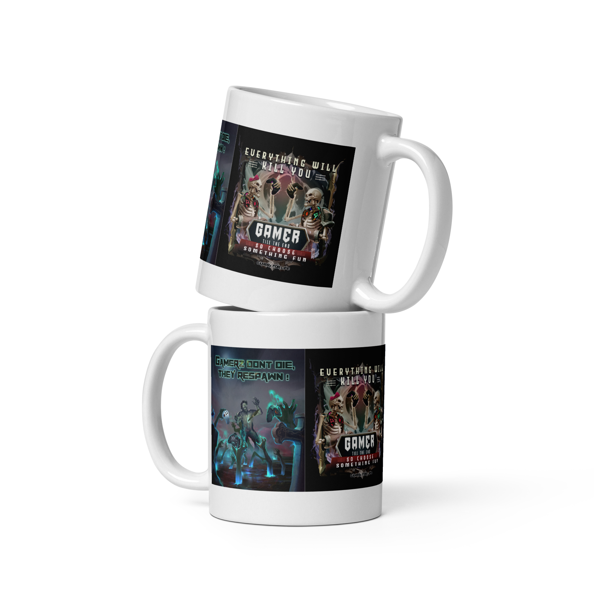 "Gamer Till the End ceramic mugs with vivid gaming-themed prints, stackable design, dishwasher and microwave safe"