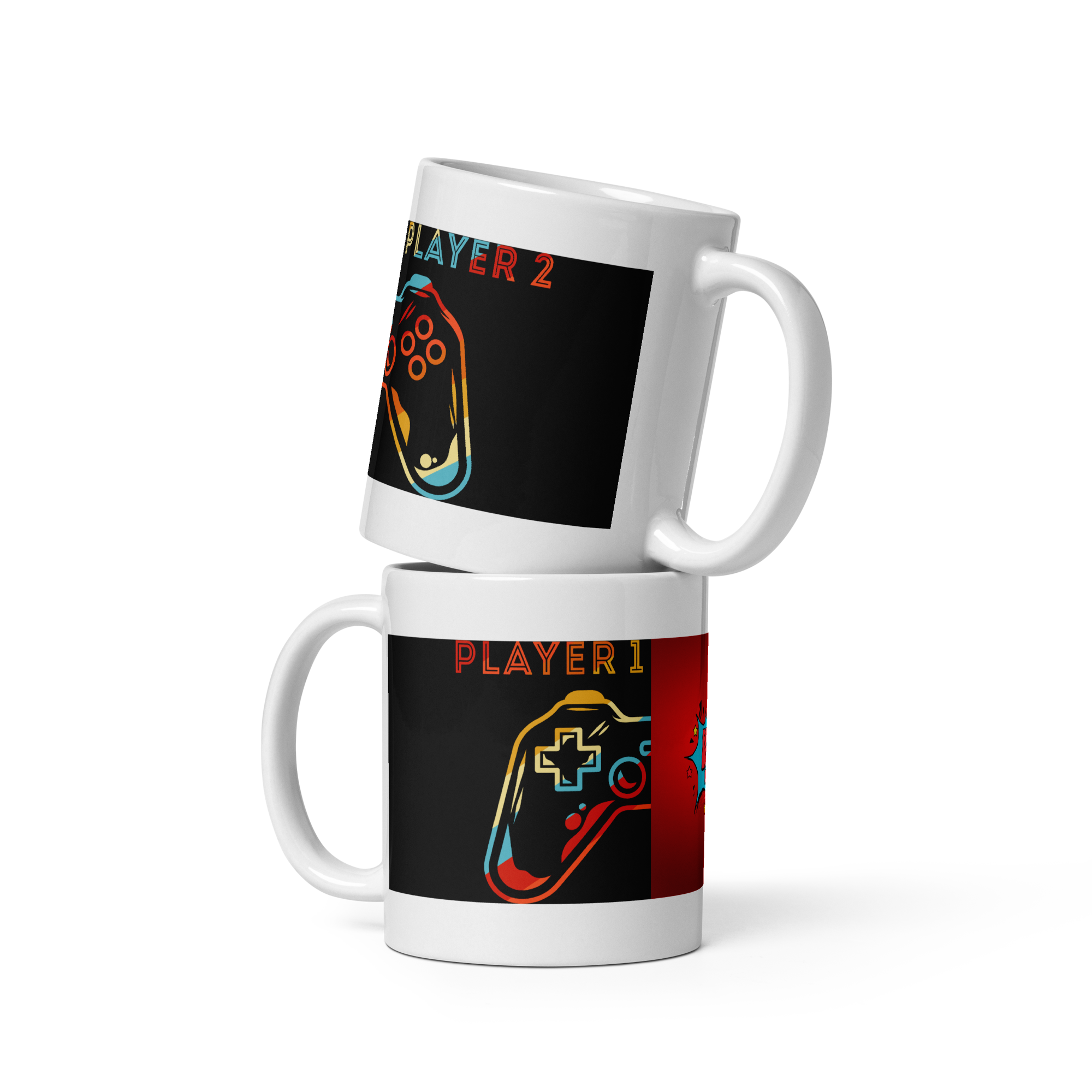 "Player 1 vs Player 2 ceramic mugs with gaming controller design in black, sturdy and microwave safe, perfect for coffee or tea"