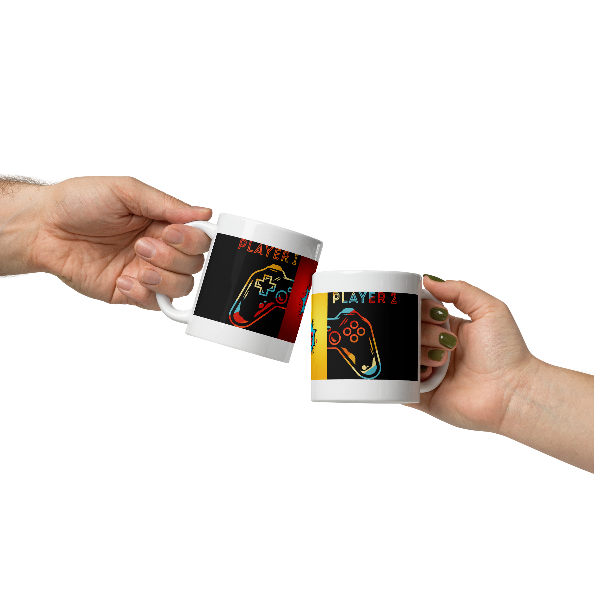 Two hands clinking ceramic mugs with "Player 1" and "Player 2" gaming controller designs, showcasing a sturdy, glossy finish.