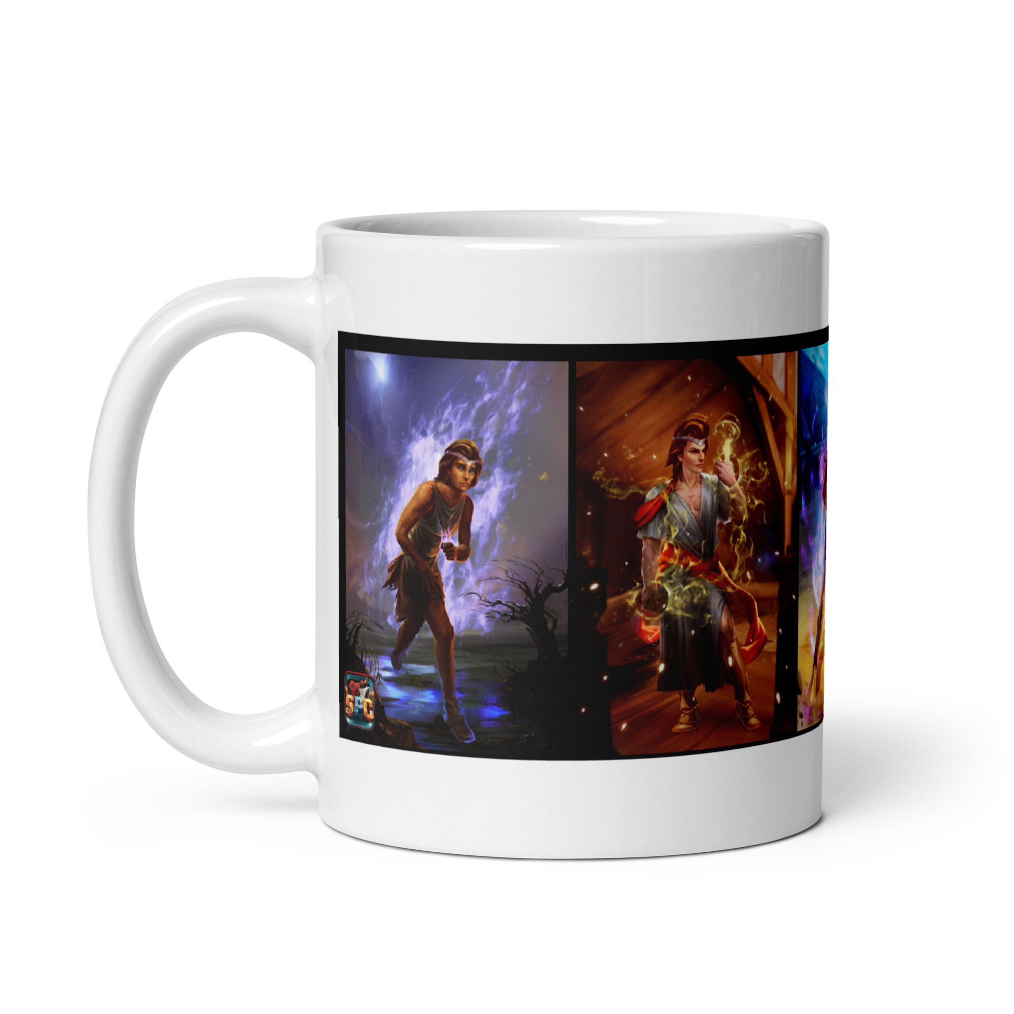 "Level Up mug with vivid character art design, ceramic, dishwasher and microwave safe, available in 15 oz and 20 oz sizes"