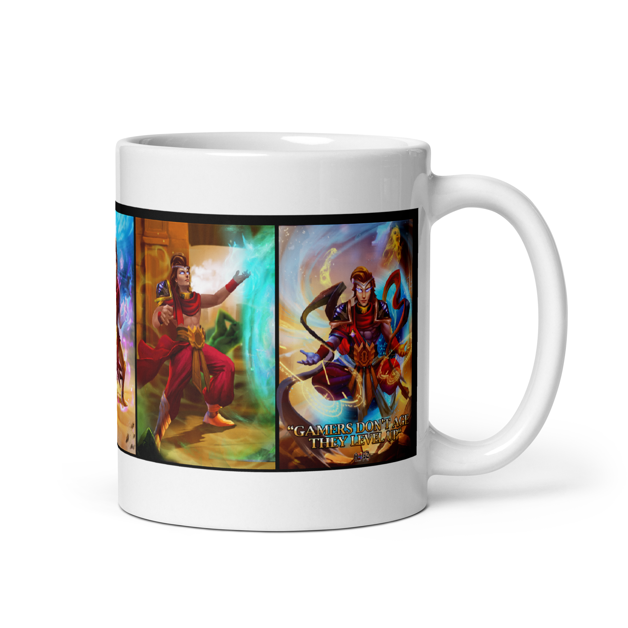 "Level Up mug with vibrant fantasy artwork featuring dynamic characters, 15 oz ceramic, dishwasher and microwave safe"