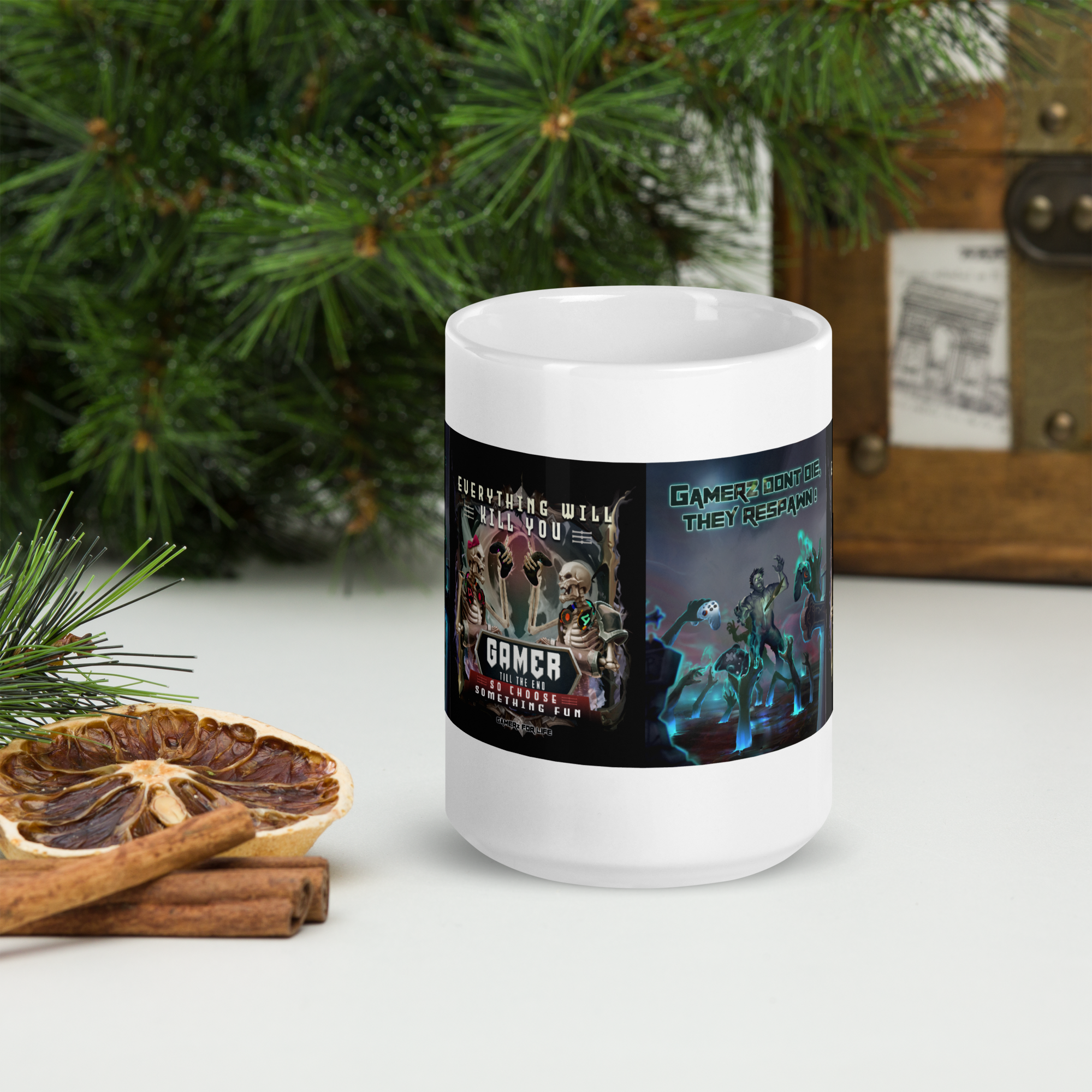 "Gamer Till the End ceramic mug with gaming print near holiday decor"