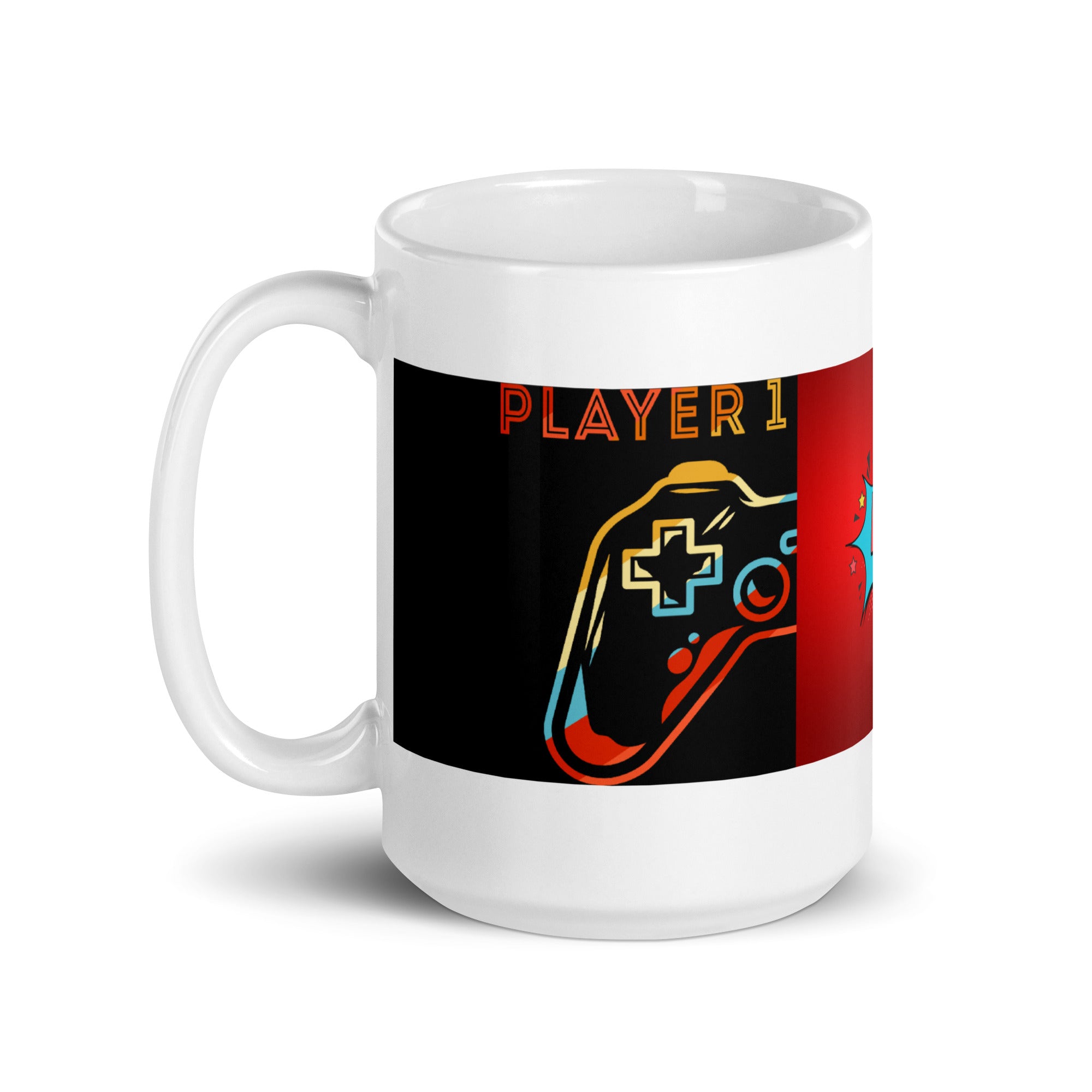 Ceramic mug with Player 1 video game controller design, dishwasher and microwave safe, perfect for coffee or tea enthusiasts