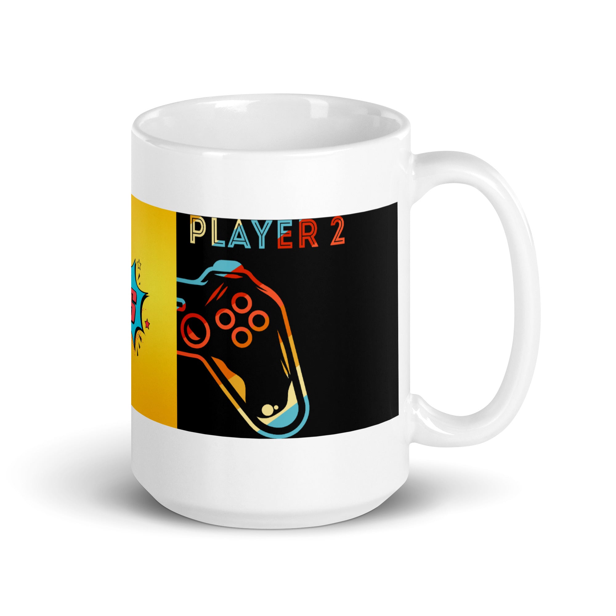 Ceramic mug with Player 2 design featuring a colorful game controller, sturdy and glossy, microwave and dishwasher safe.
