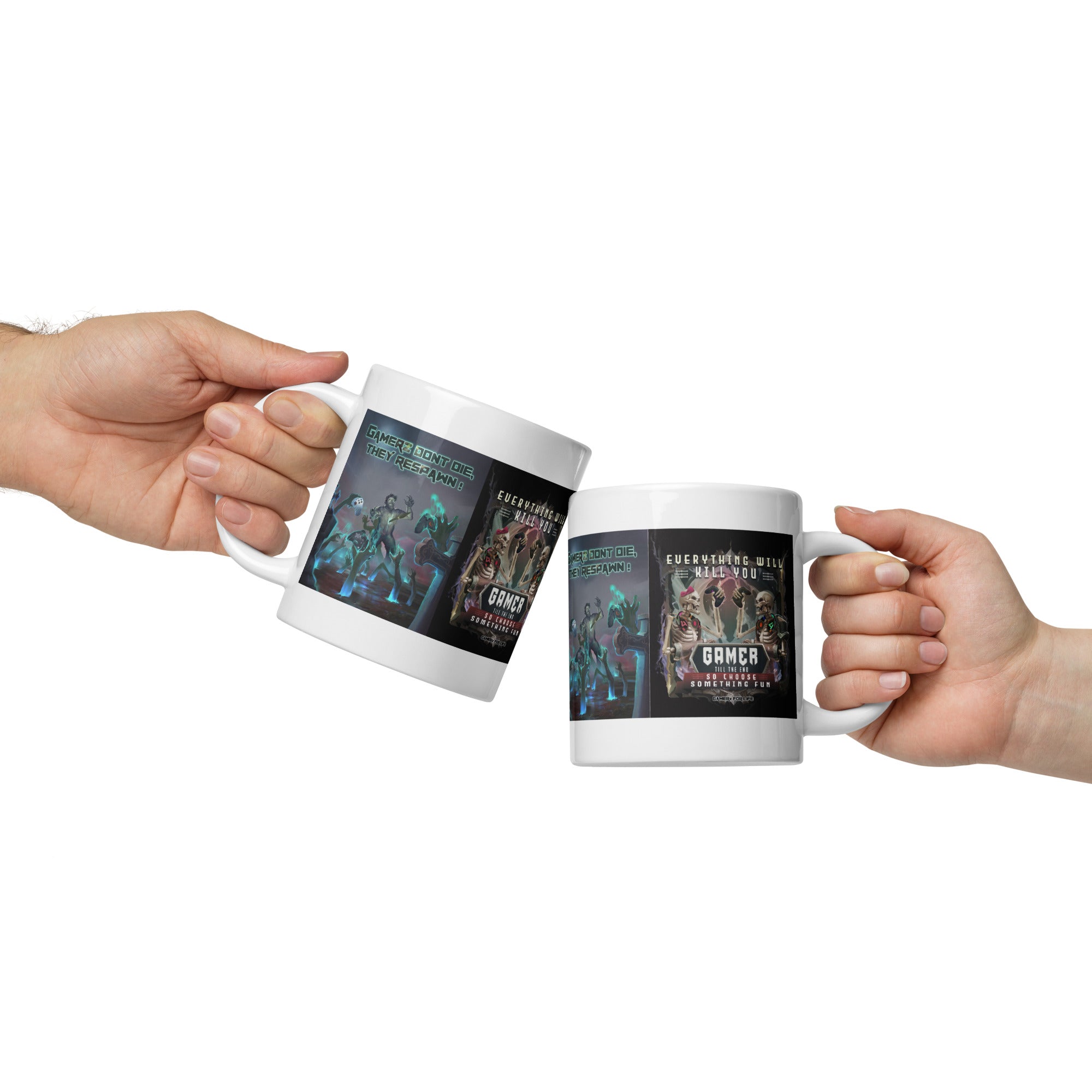 Two people clinking Gamer Till the End mugs featuring vivid gaming-themed designs, perfect for coffee or tea, microwave and dishwasher safe.